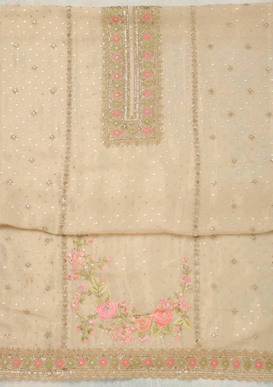 Beige Threadwork Tissue Unstitched Salwar Suit