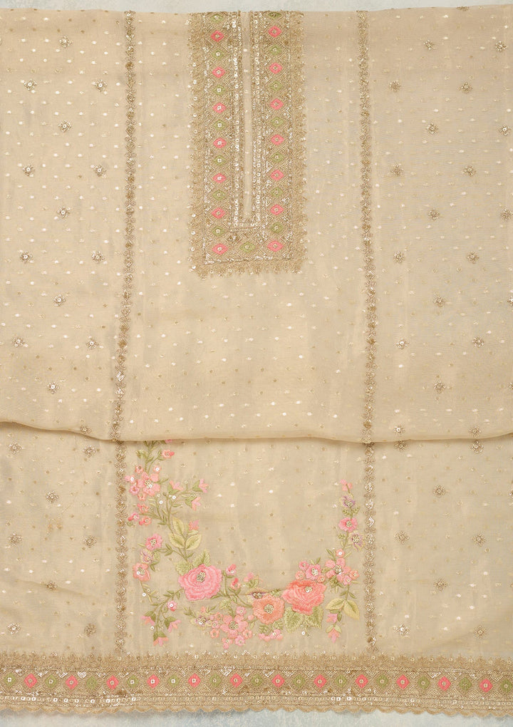Beige Threadwork Tissue Unstitched Salwar Suit