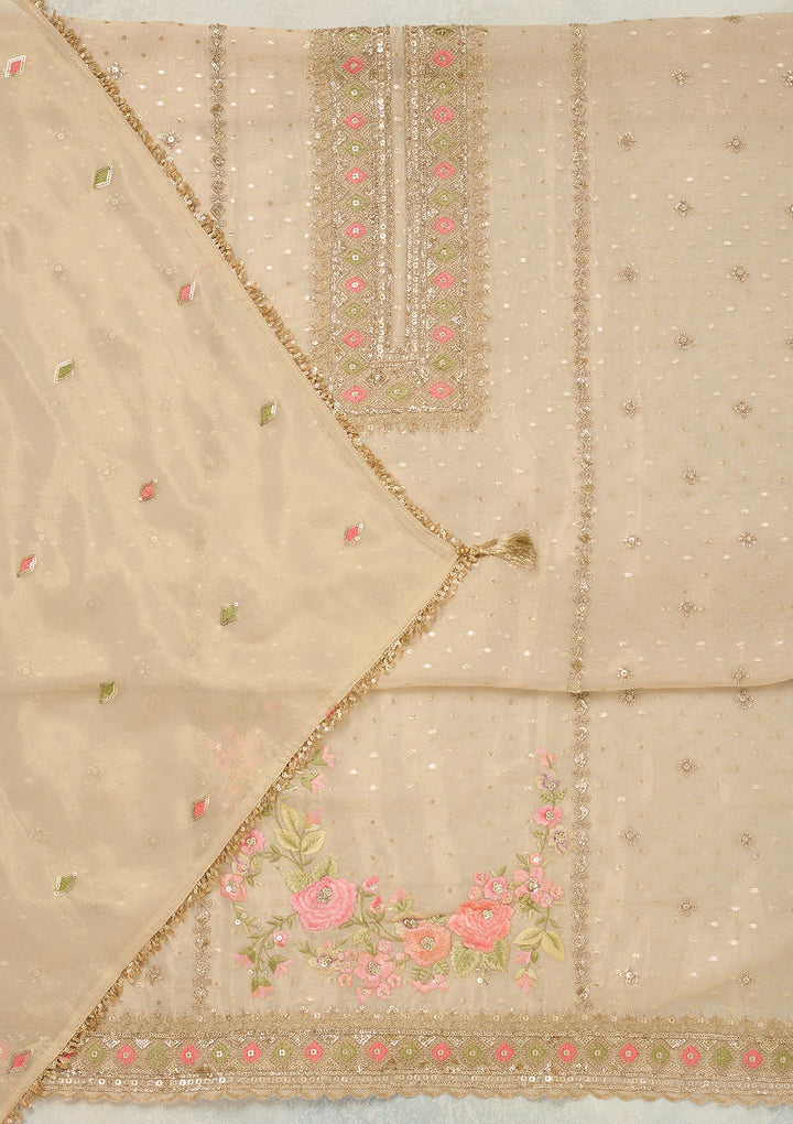 Beige Threadwork Tissue Unstitched Salwar Suit