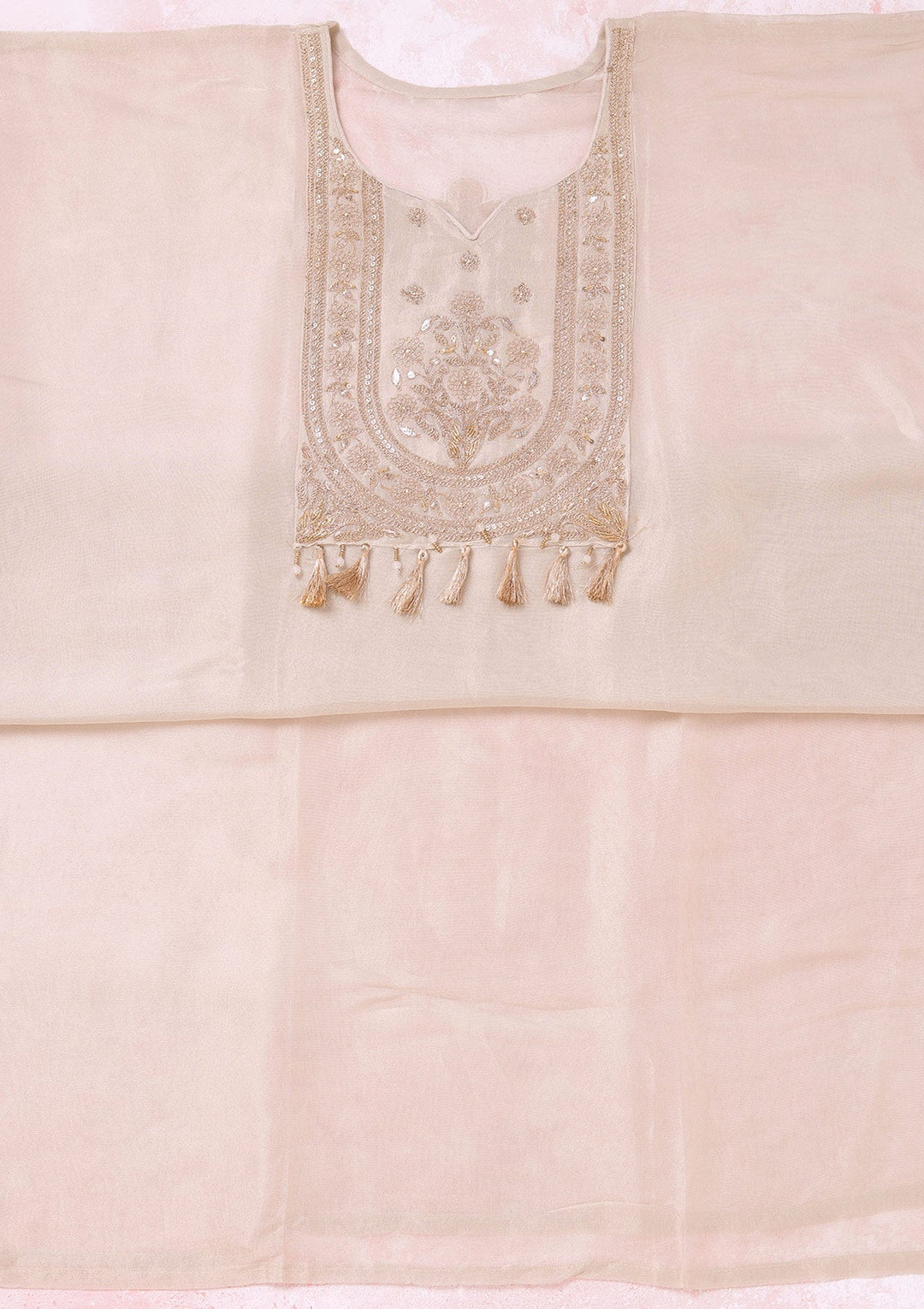 Beige Zariwork (Gold) Tissue Unstitched Salwar Suit