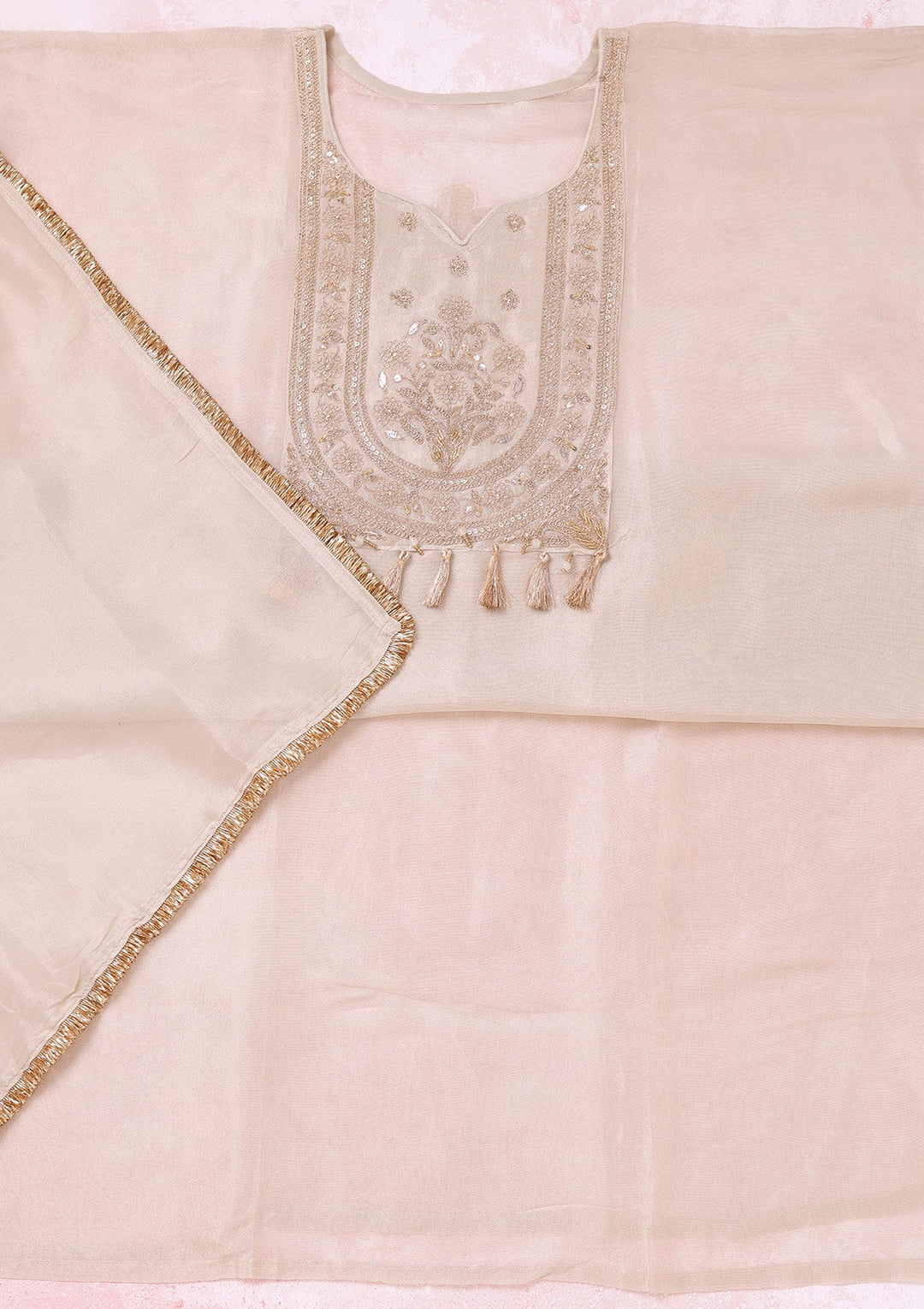 Beige Zariwork (Gold) Tissue Unstitched Salwar Suit