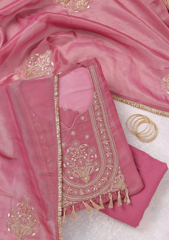 Onion Pink Zariwork (Gold) Tissue Unstitched Salwar Suit