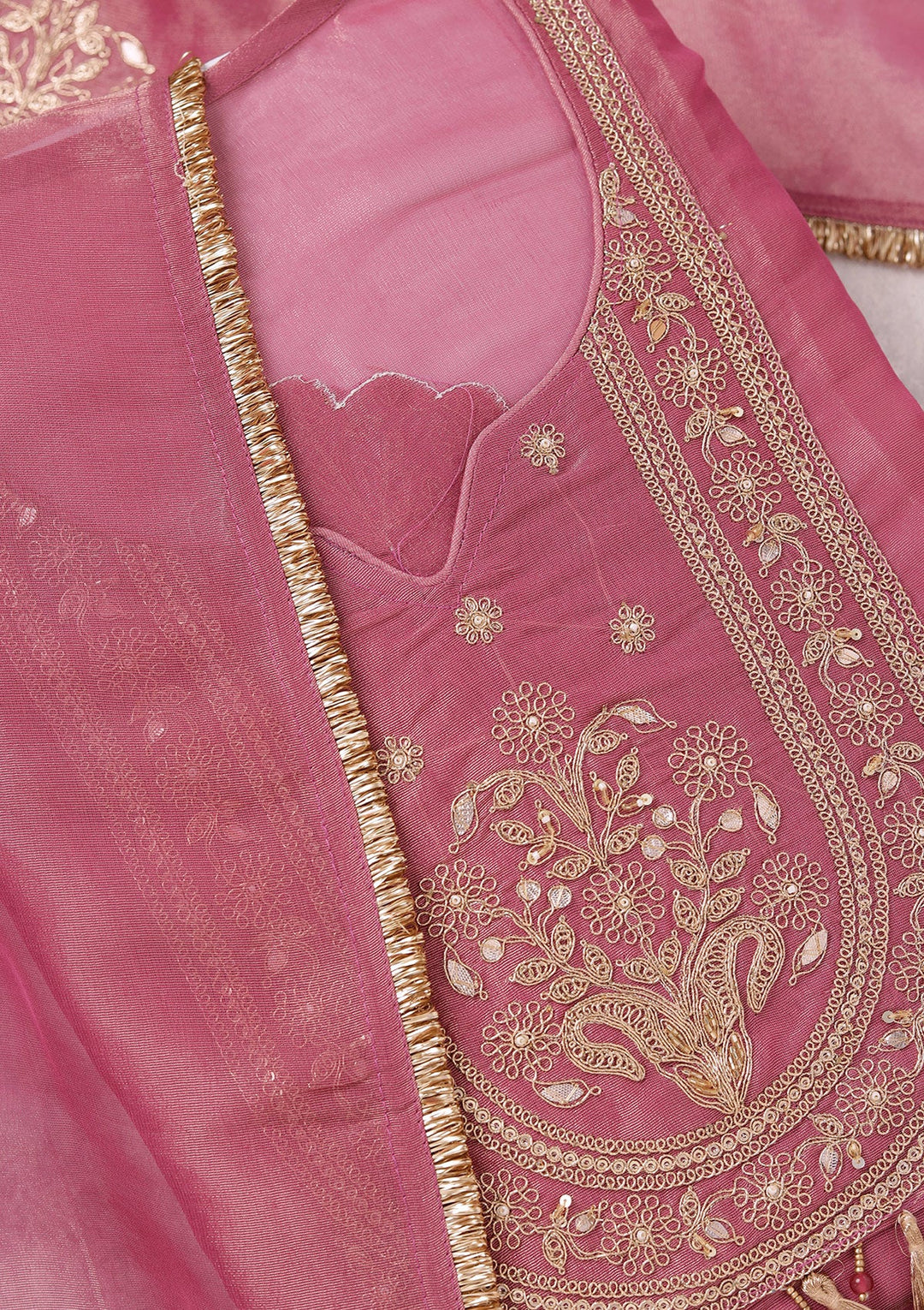 Onion Pink Zariwork (Gold) Tissue Unstitched Salwar Suit