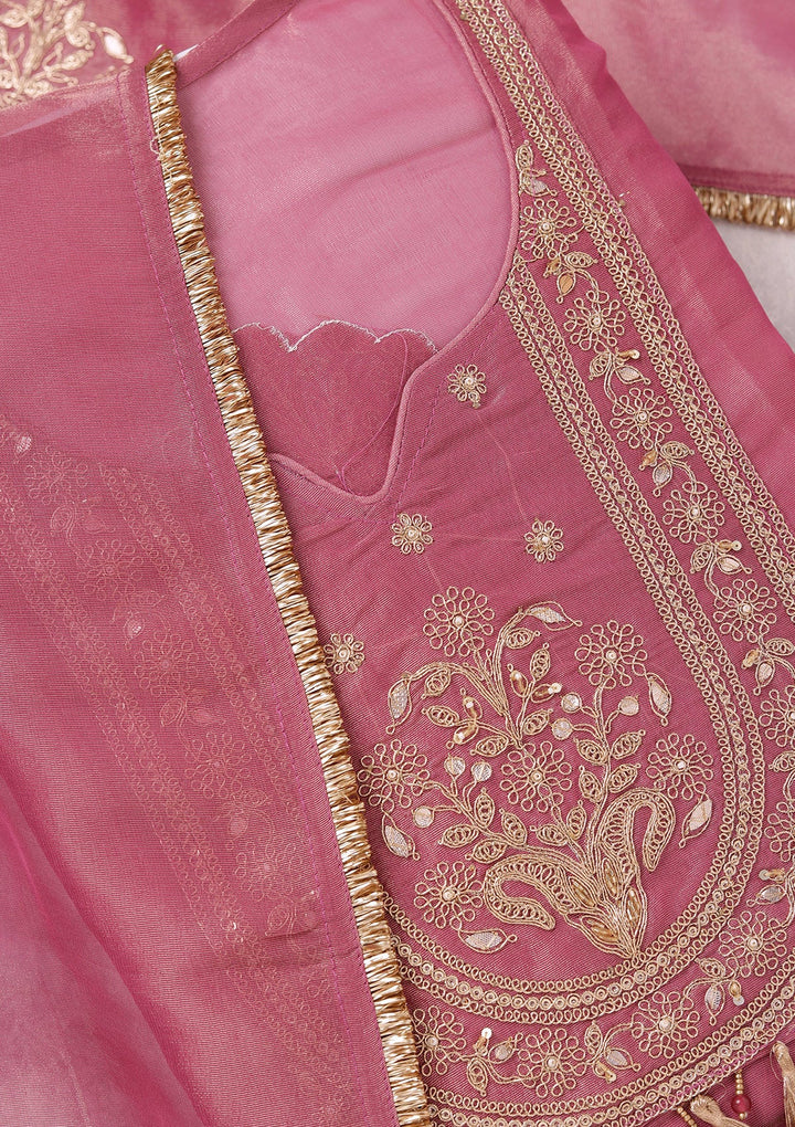 Onion Pink Zariwork (Gold) Tissue Unstitched Salwar Suit