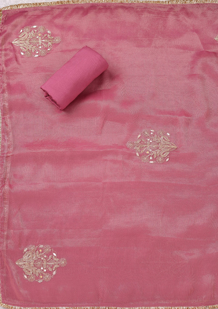 Onion Pink Zariwork (Gold) Tissue Unstitched Salwar Suit