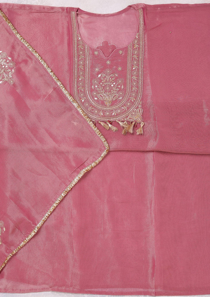 Onion Pink Zariwork (Gold) Tissue Unstitched Salwar Suit