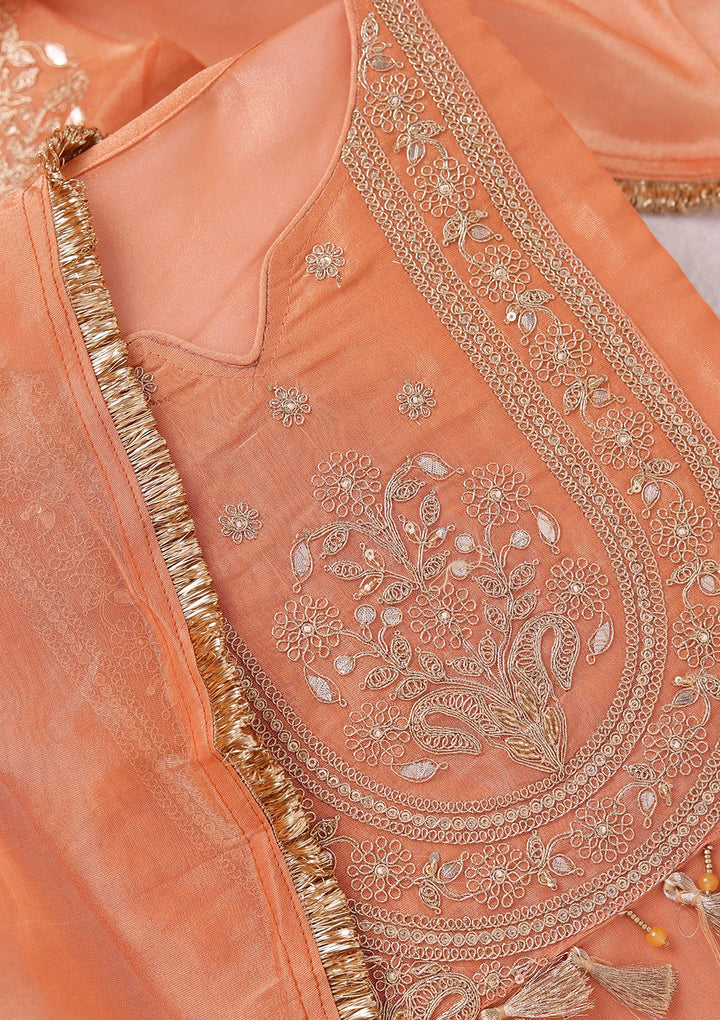 Peach Zariwork (Gold) Tissue Unstitched Salwar Suit