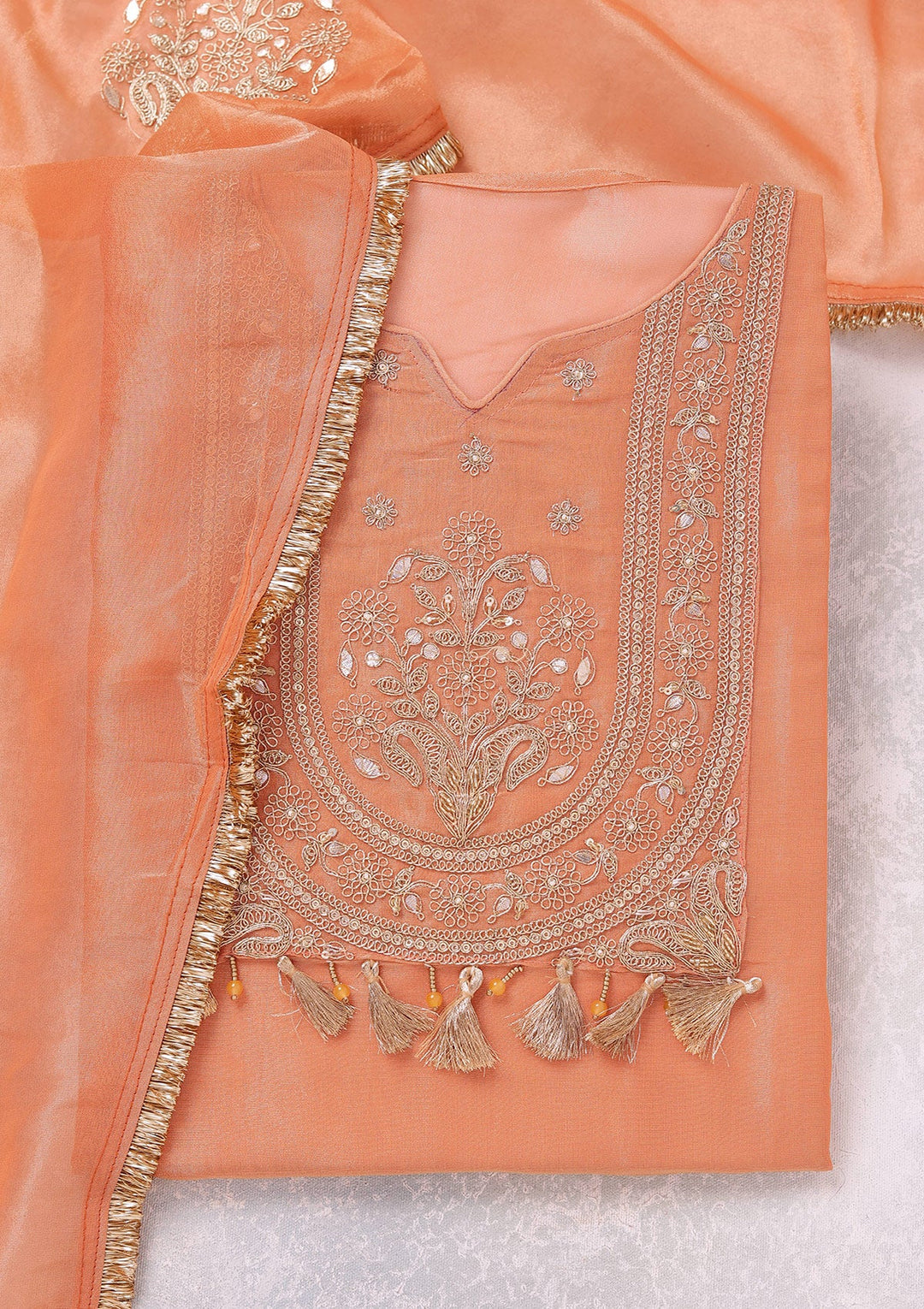 Peach Zariwork (Gold) Tissue Unstitched Salwar Suit