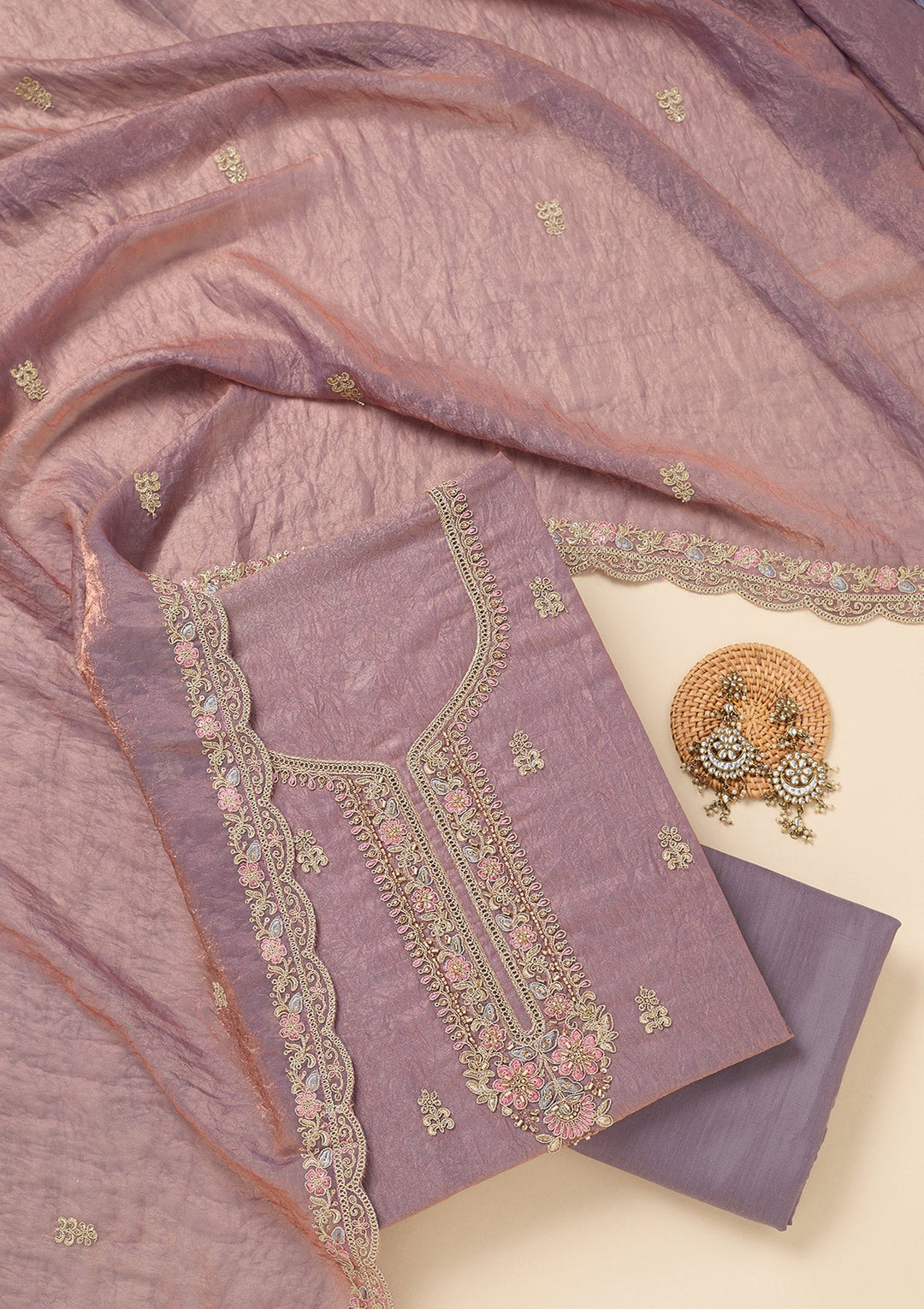 Lavender Aariwork Tissue Unstitched Salwar Suit-koskii