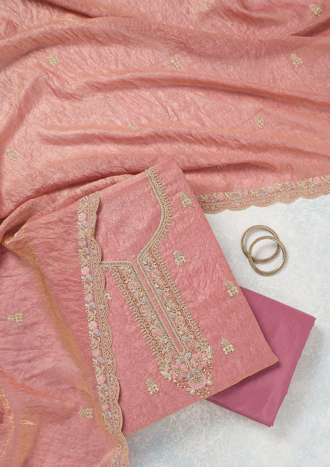 Onion Pink Aariwork Tissue Unstitched Salwar Suit-koskii