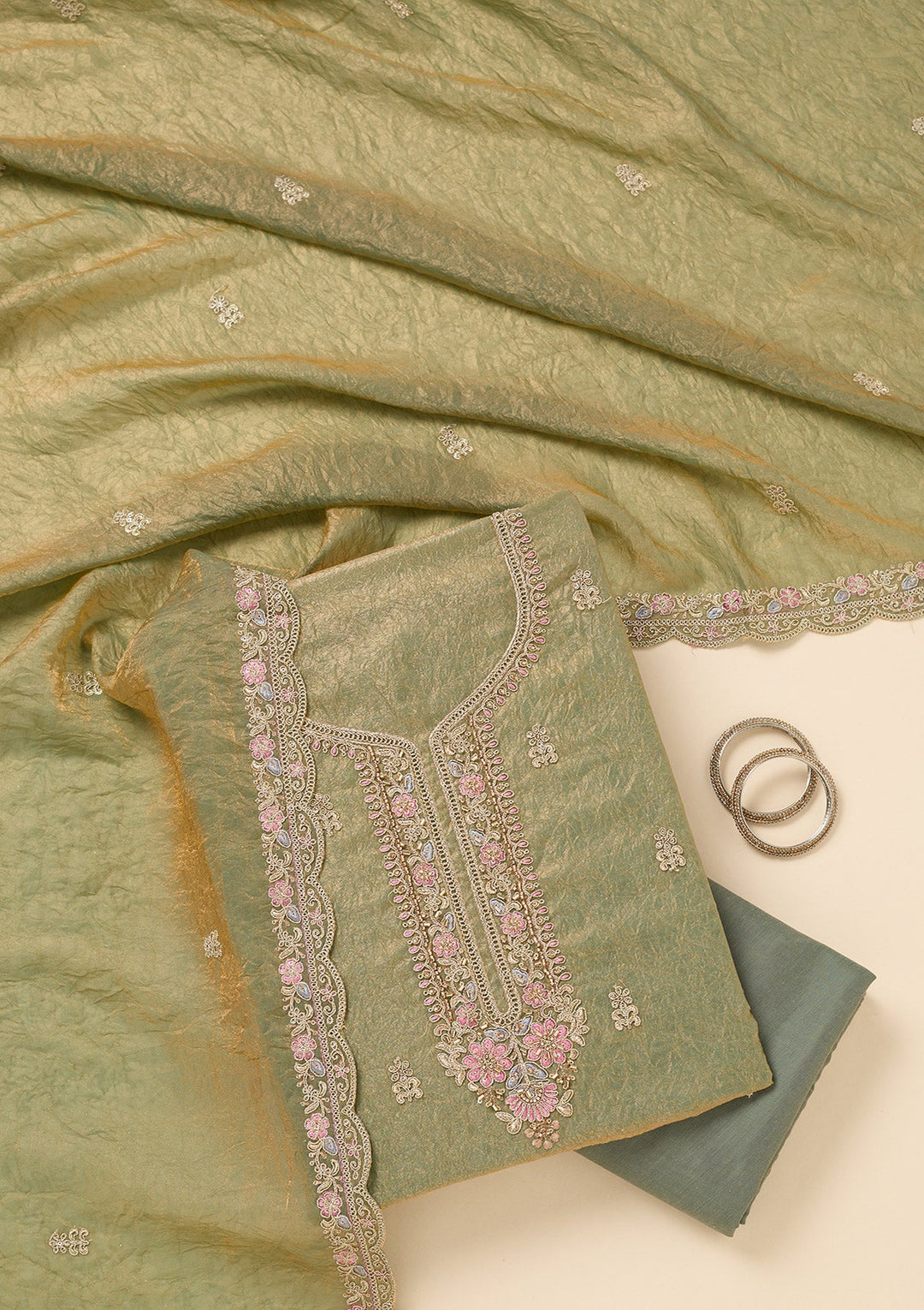 Pista Green Aariwork Tissue Unstitched Salwar Suit-koskii
