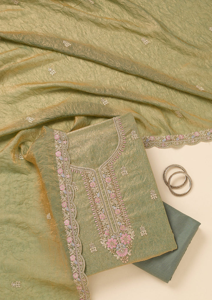 Pista Green Aariwork Tissue Unstitched Salwar Suit-koskii