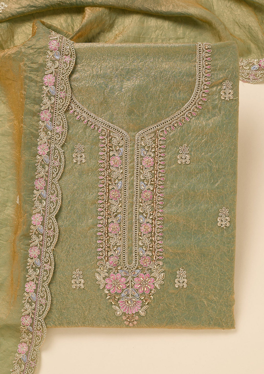 Pista Green Aariwork Tissue Unstitched Salwar Suit