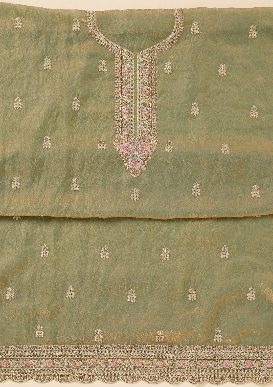 Pista Green Aariwork Tissue Unstitched Salwar Suit