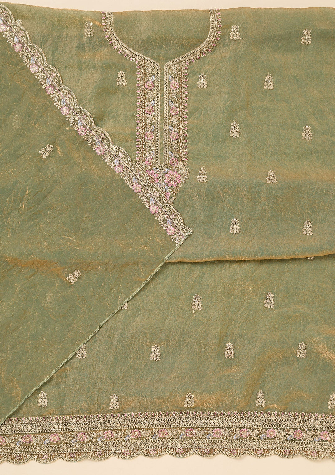 Pista Green Aariwork Tissue Unstitched Salwar Suit