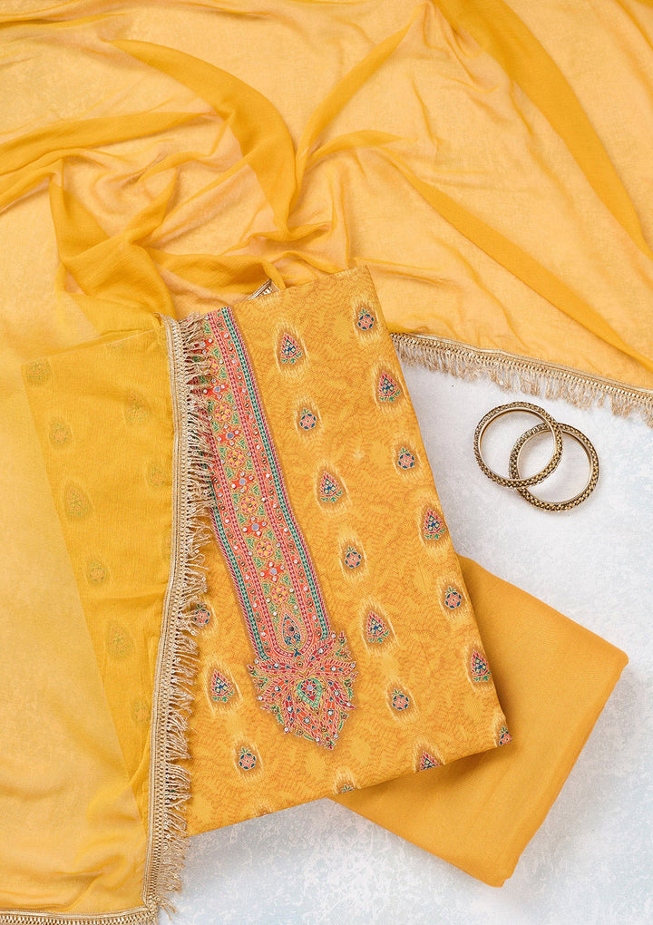 Mustard Zariwork Dola Silk Unstitched Salwar Suit-koskii