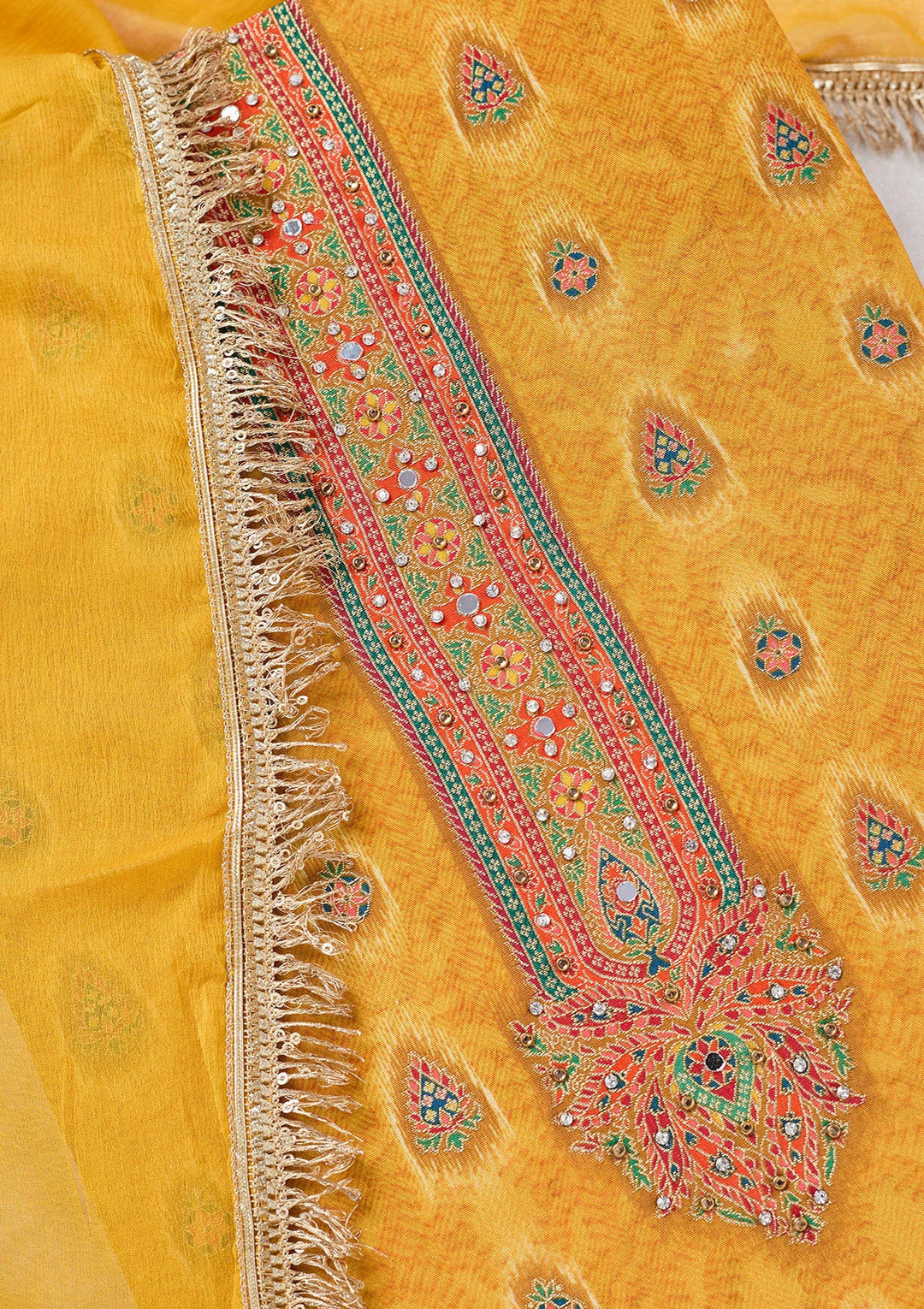 Mustard Zariwork Dola Silk Unstitched Salwar Suit-koskii