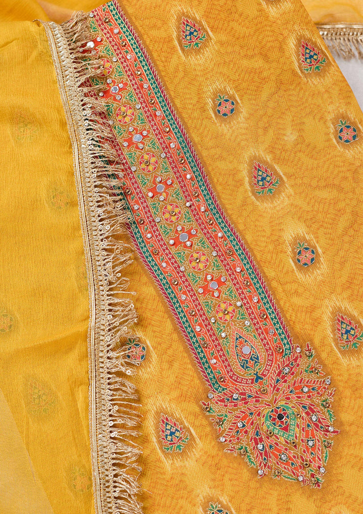 Mustard Zariwork Dola Silk Unstitched Salwar Suit-koskii