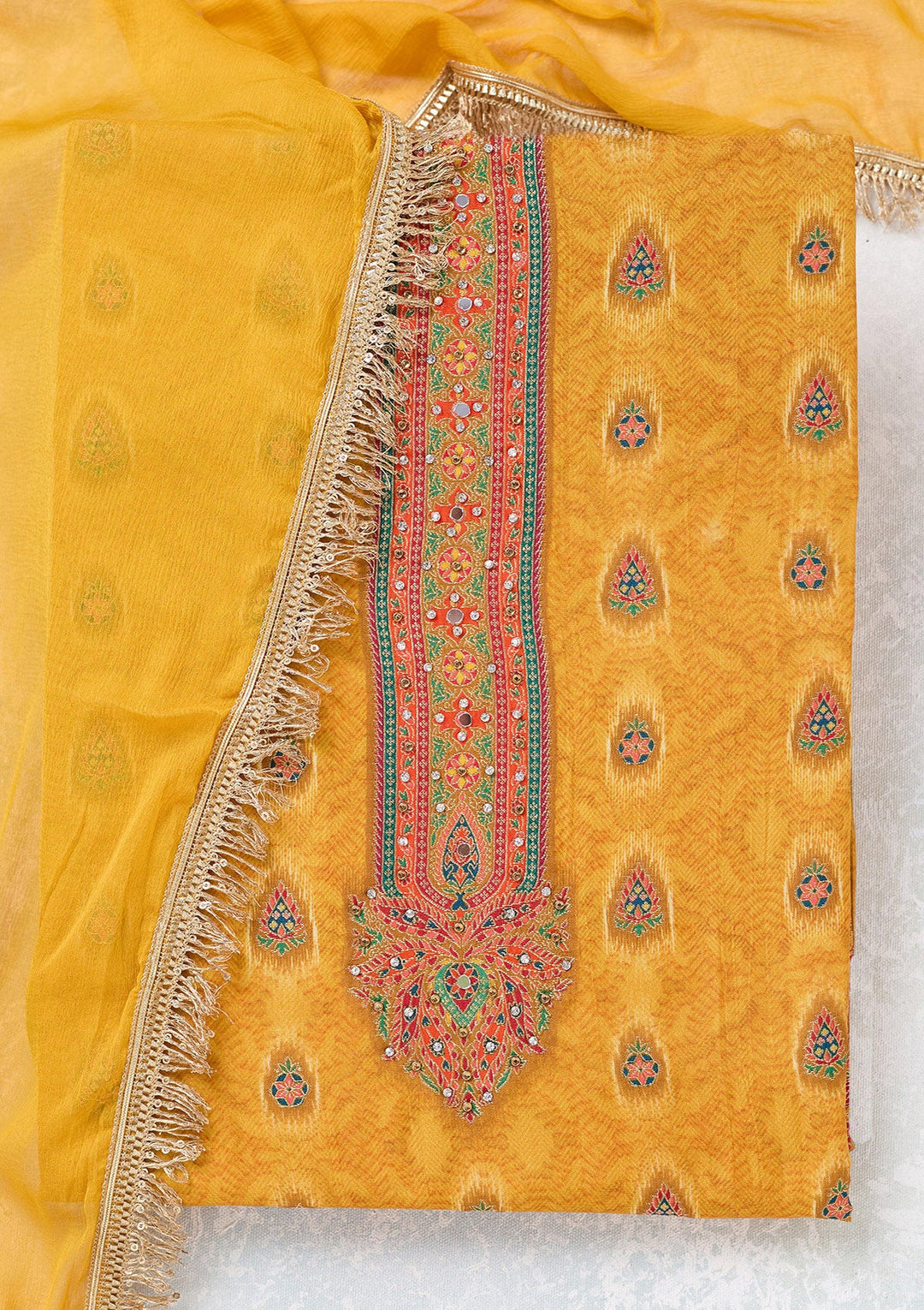 Mustard Zariwork Dola Silk Unstitched Salwar Suit-koskii