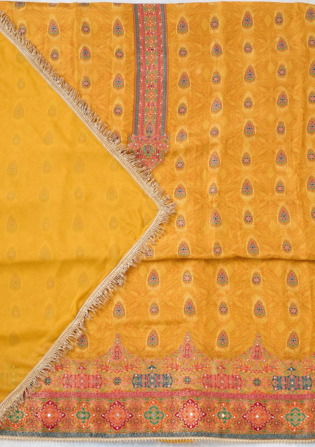 Mustard Zariwork Dola Silk Unstitched Salwar Suit-koskii