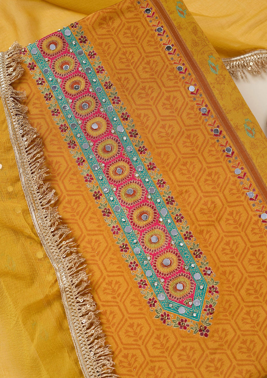 Mustard Zariwork Dola Silk Unstitched Salwar Suit-koskii