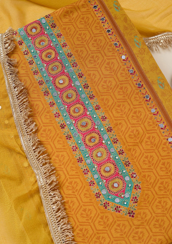 Mustard Zariwork Dola Silk Unstitched Salwar Suit-koskii