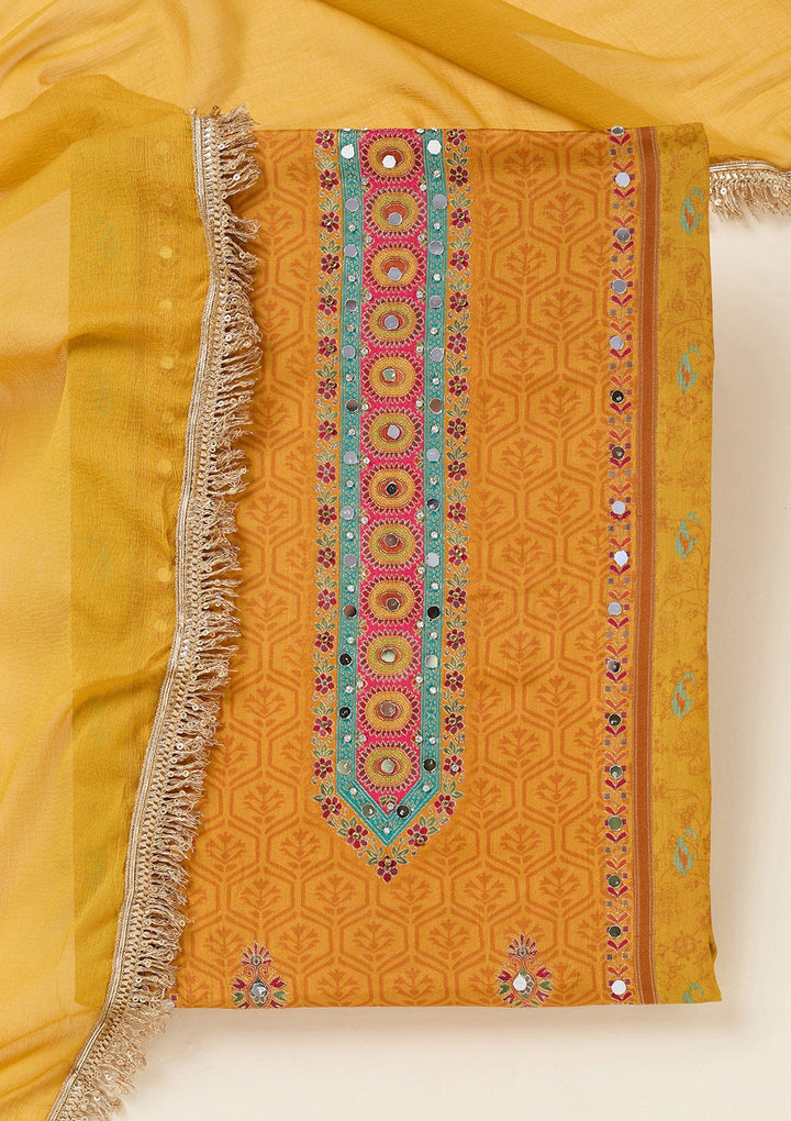 Mustard Zariwork Dola Silk Unstitched Salwar Suit-koskii