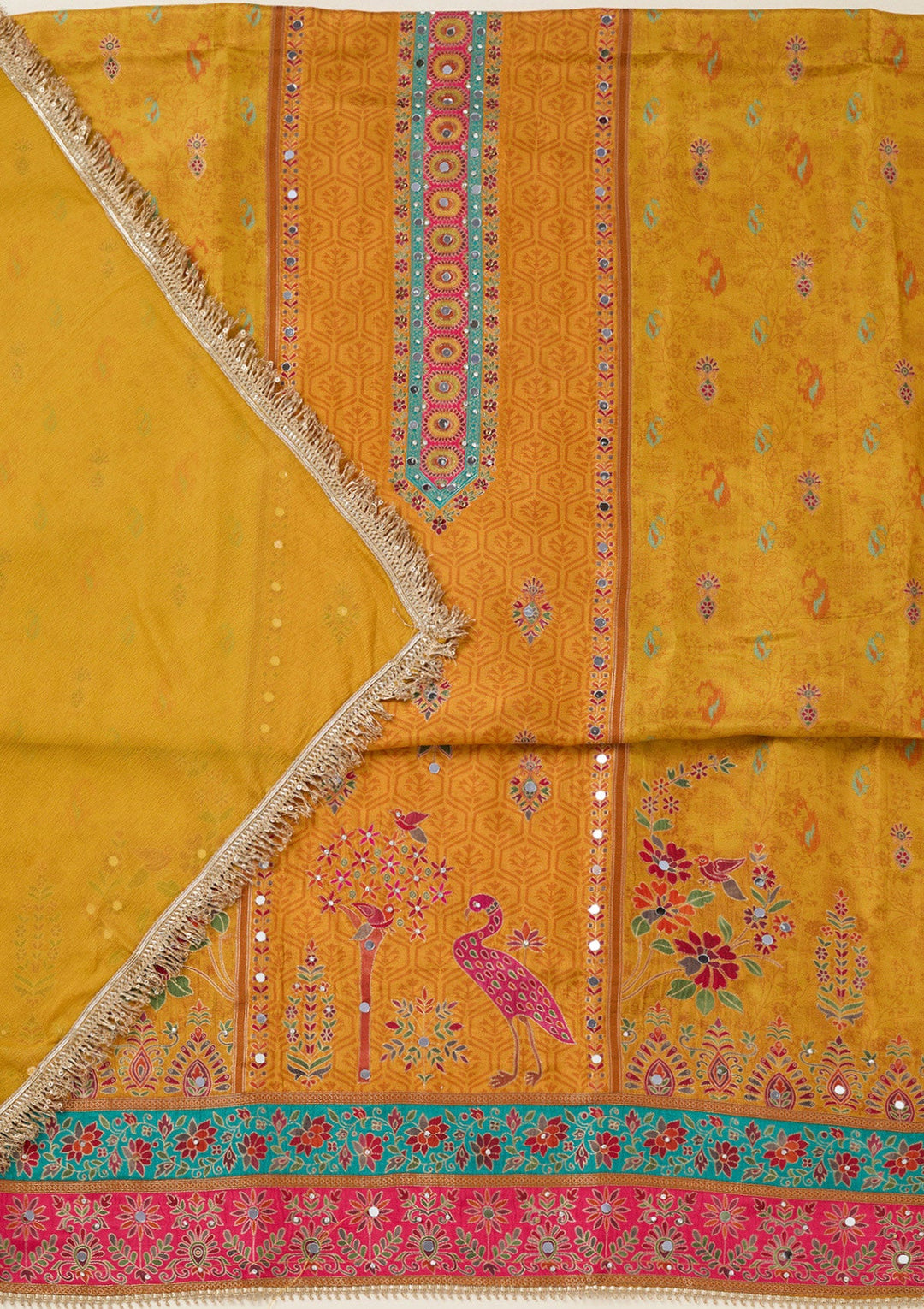 Mustard Zariwork Dola Silk Unstitched Salwar Suit-koskii