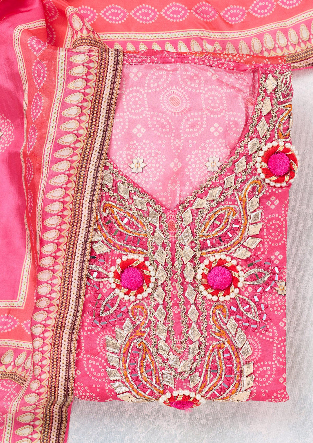 Rani Pink Zariwork Semi Crepe Unstitched Salwar Suit-koskii