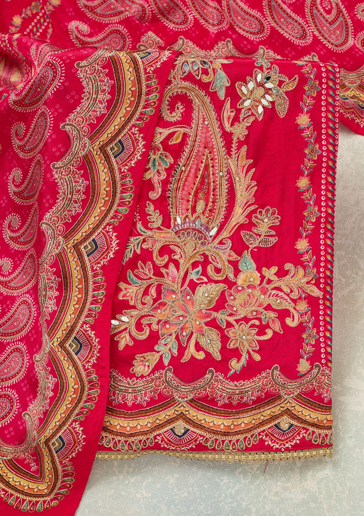 Rani Pink Zariwork (Gold) Dola Silk Unstitched Salwar Suit