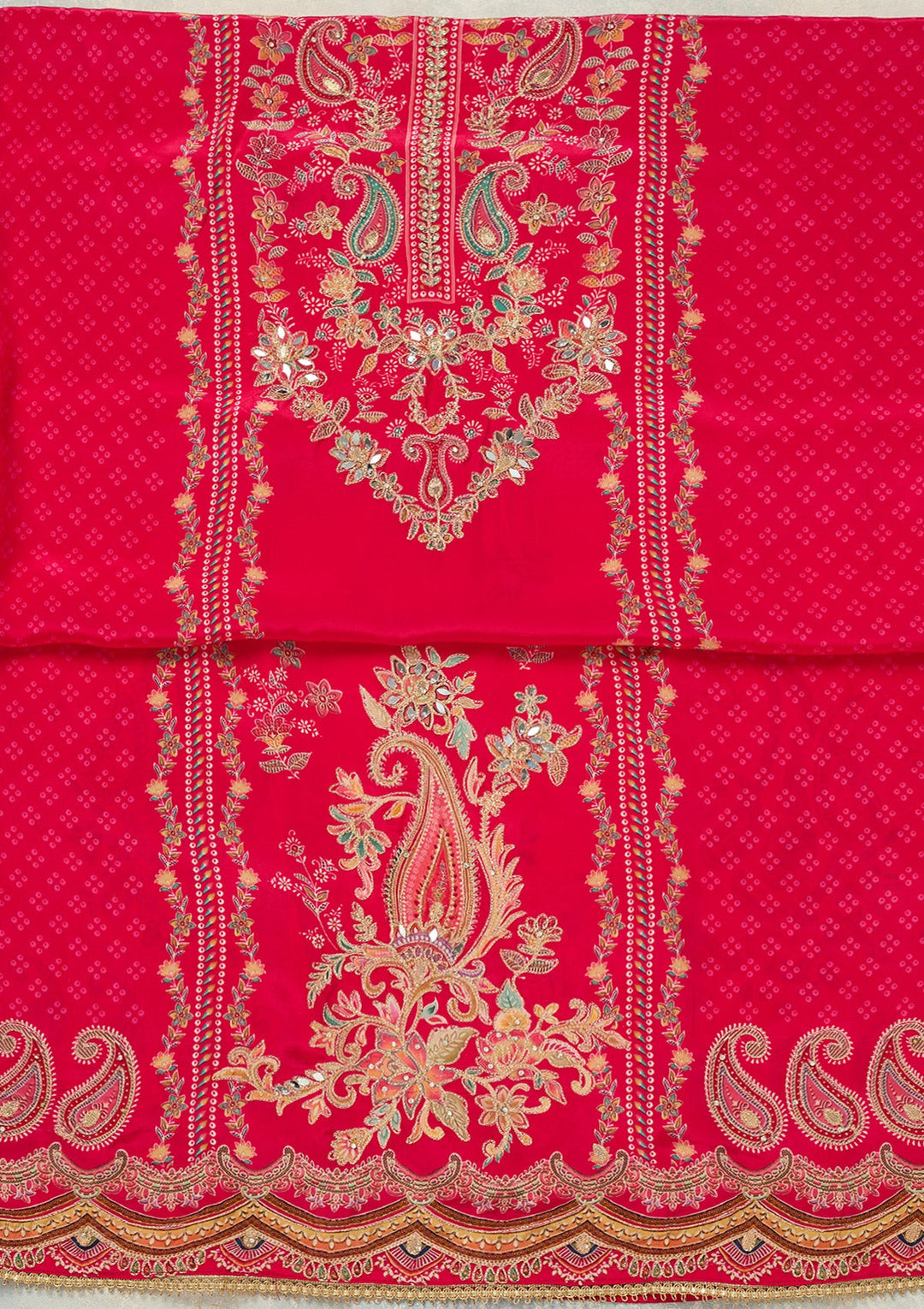 Rani Pink Zariwork (Gold) Dola Silk Unstitched Salwar Suit