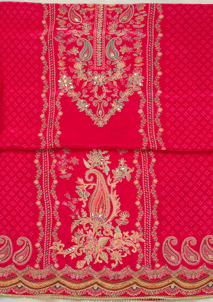 Rani Pink Zariwork (Gold) Dola Silk Unstitched Salwar Suit