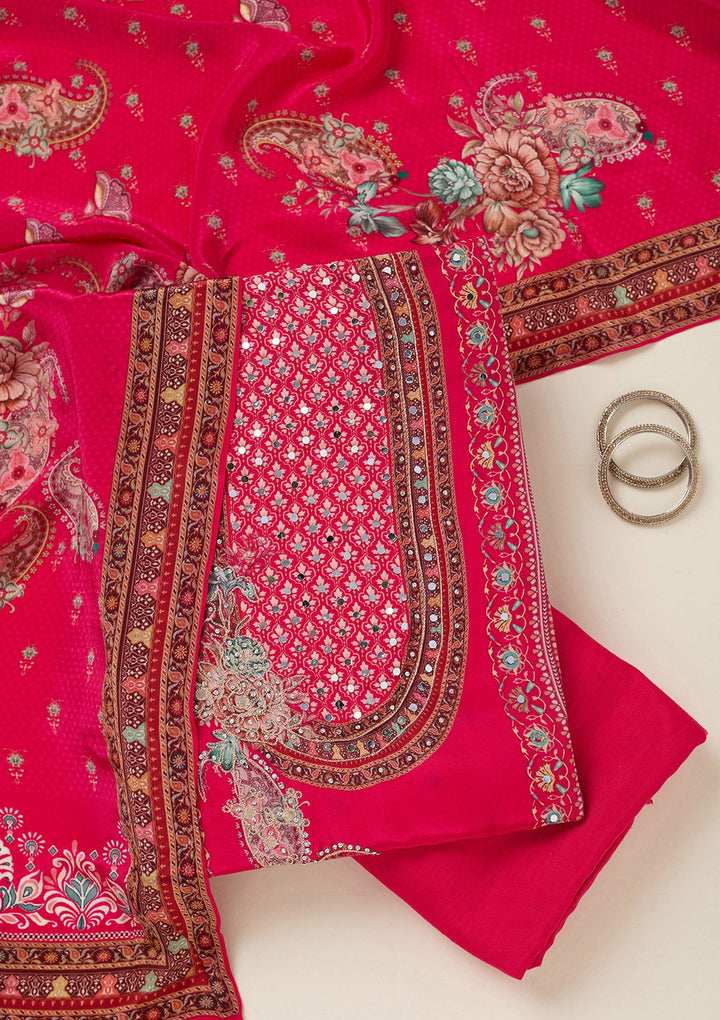 Rani Pink Zariwork Semi Crepe Unstitched Salwar Suit-koskii