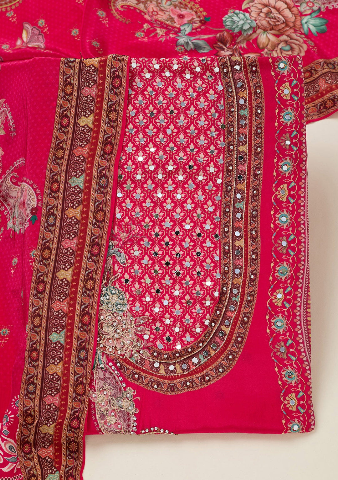 Rani Pink Zariwork Semi Crepe Unstitched Salwar Suit-koskii