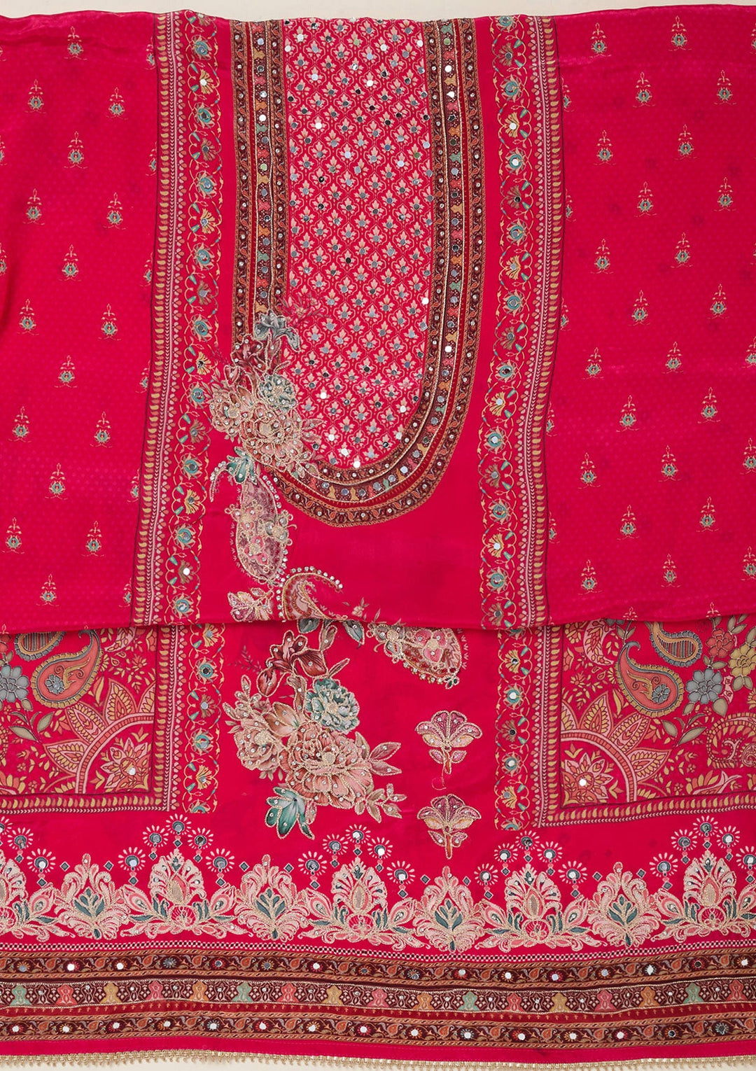 Rani Pink Zariwork Semi Crepe Unstitched Salwar Suit-koskii