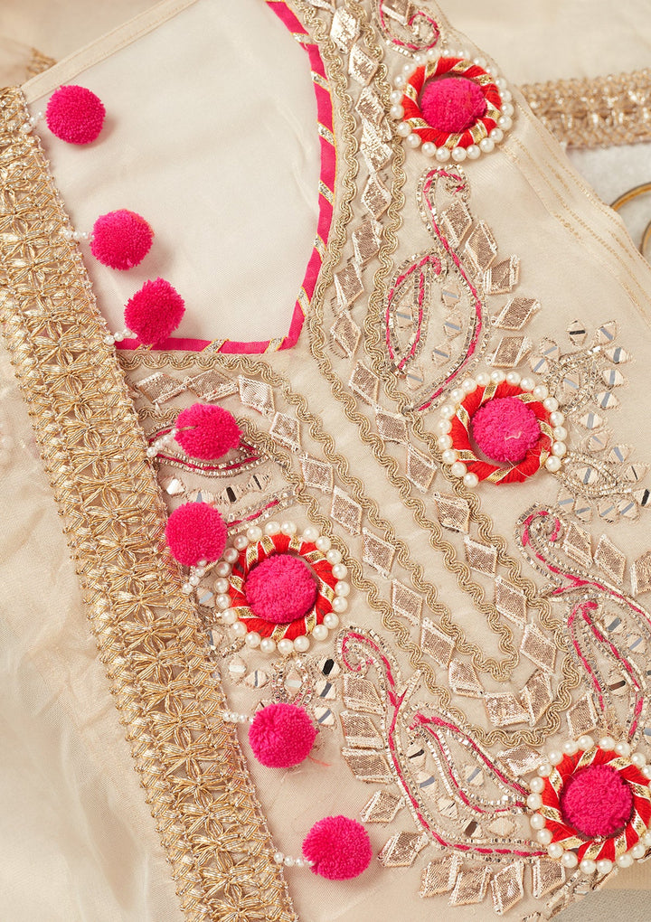 Beige Aariwork Crepe Unstitched Salwar Suit