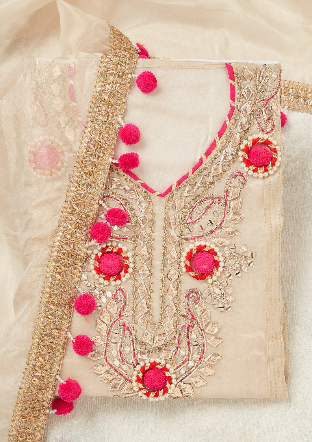 Beige Aariwork Crepe Unstitched Salwar Suit