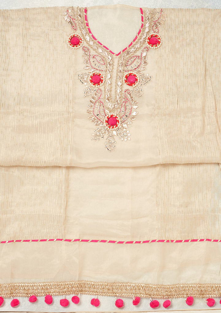 Beige Aariwork Crepe Unstitched Salwar Suit