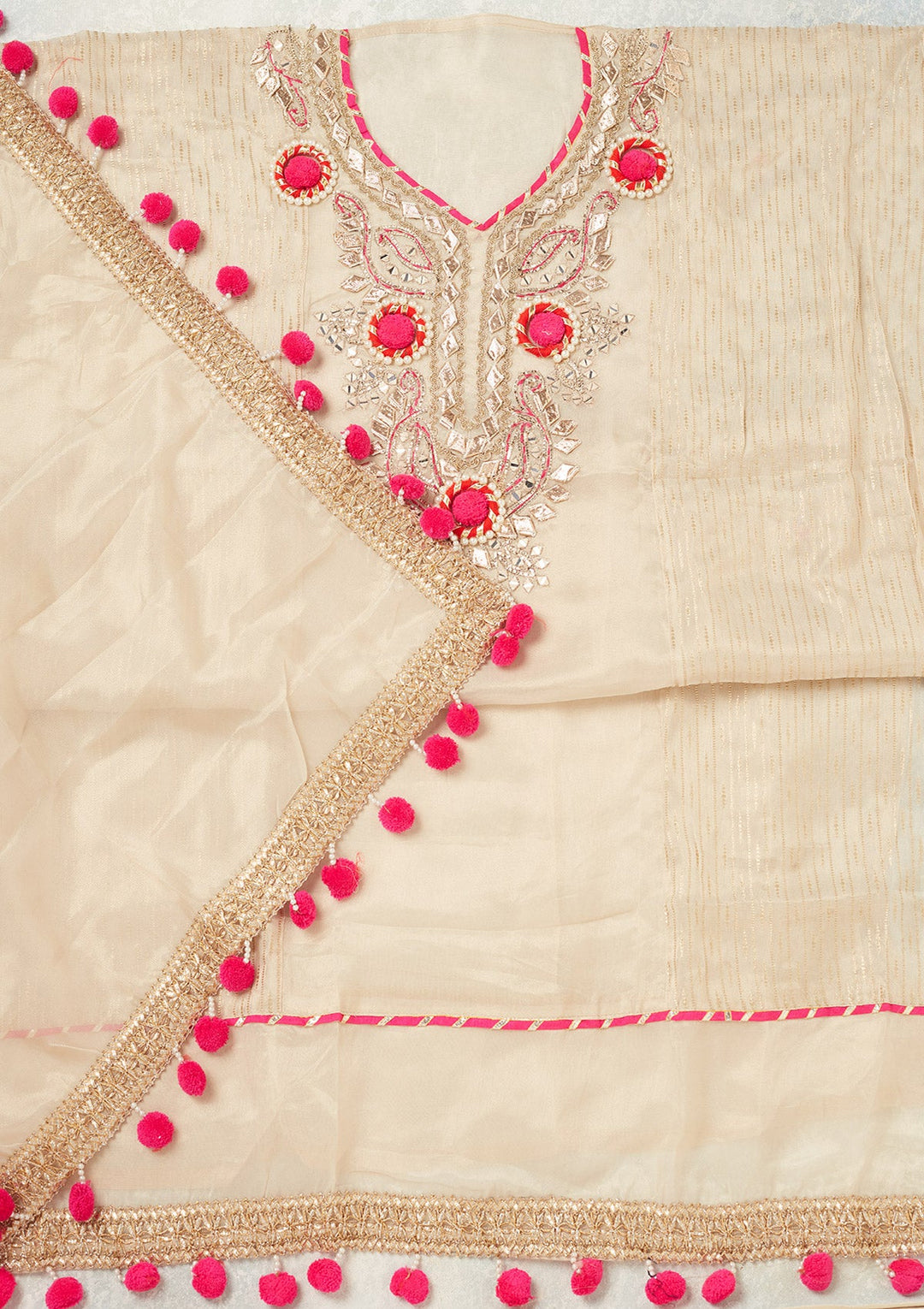 Beige Aariwork Crepe Unstitched Salwar Suit