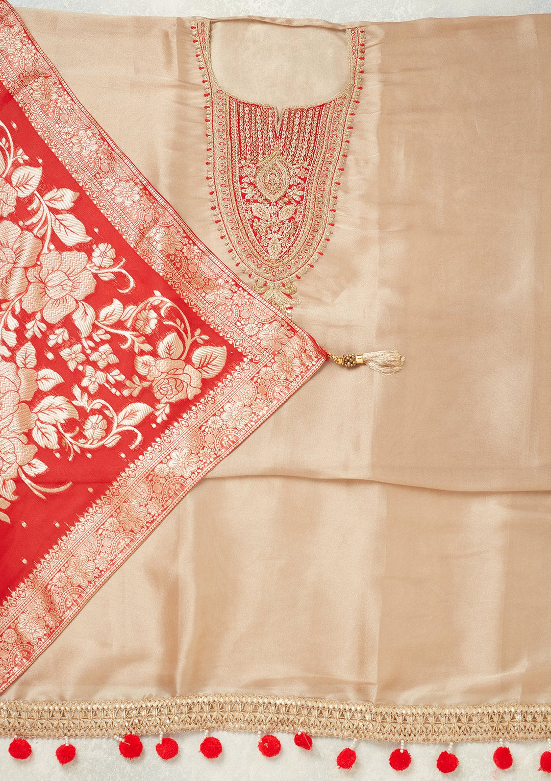 Beige Zariwork (Gold) Tissue Unstitched Salwar Suit