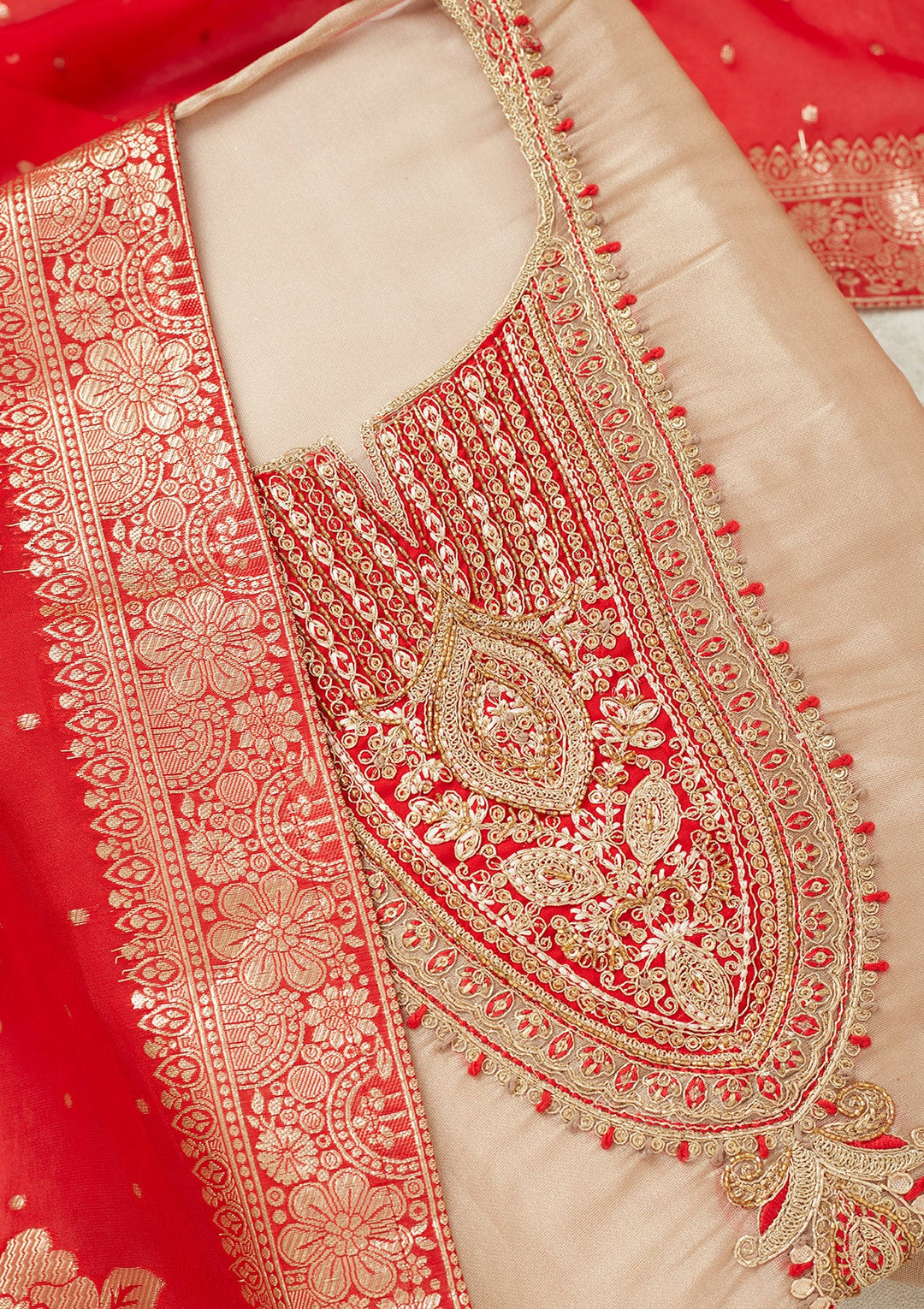 Beige Zariwork (Gold) Tissue Unstitched Salwar Suit