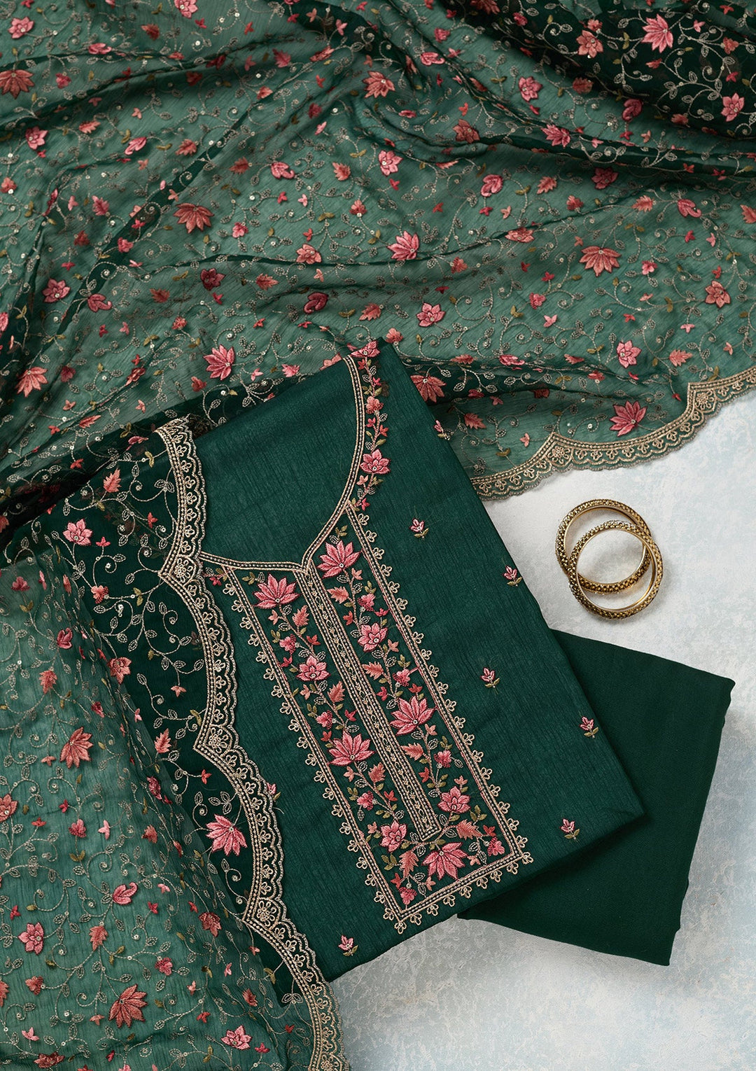 Bottle Green Threadwork Tissue Unstitched Salwar Suit-koskii