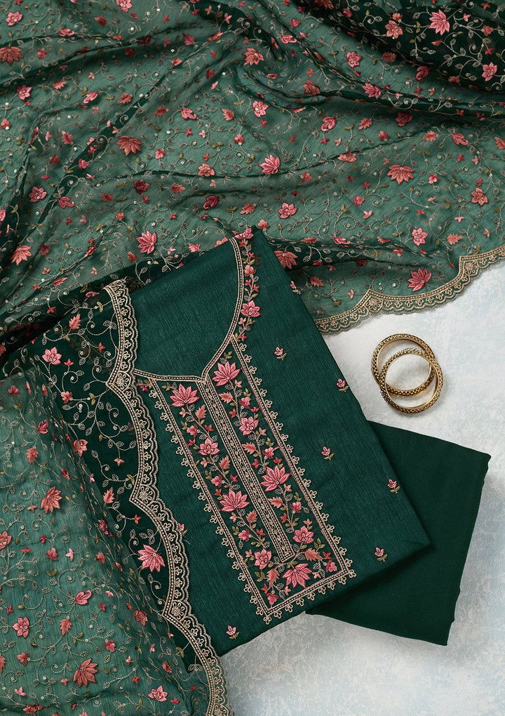 Bottle Green Threadwork Tissue Unstitched Salwar Suit-koskii