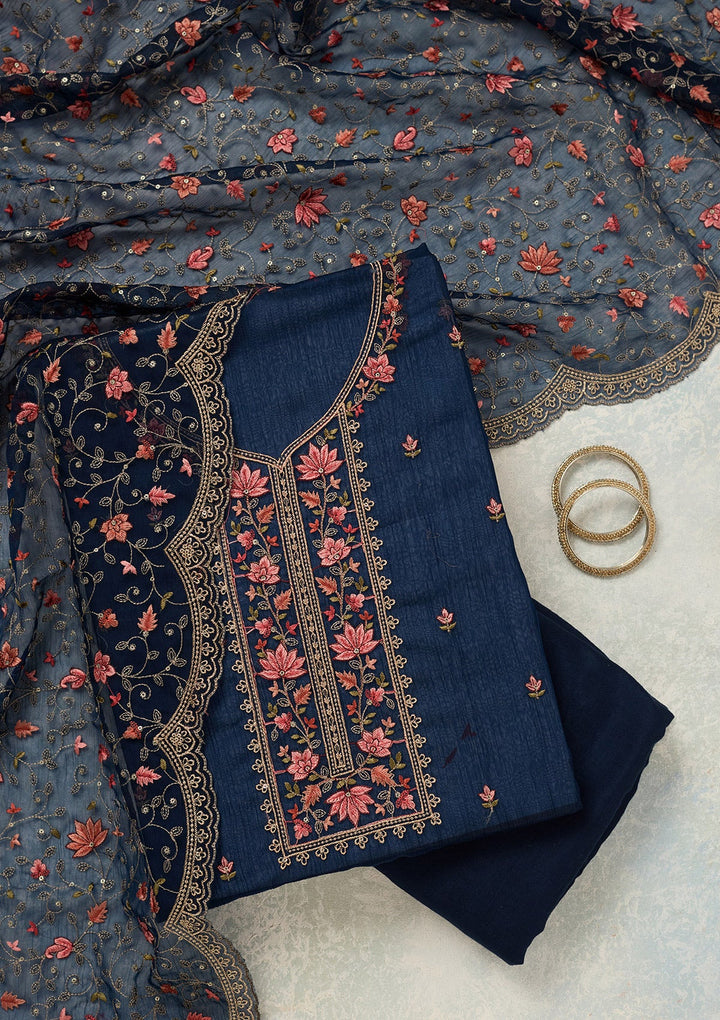 Navy Blue Threadwork Tissue Unstitched Salwar Suit-koskii