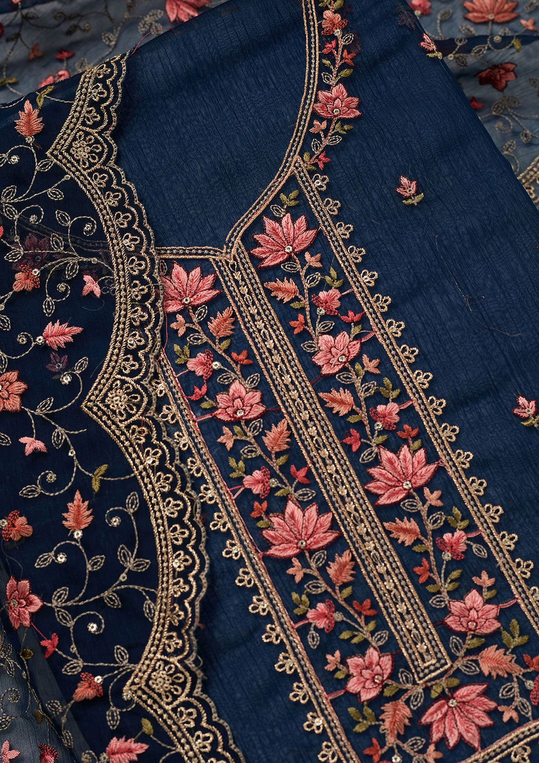 Navy Blue Threadwork Tissue Unstitched Salwar Suit