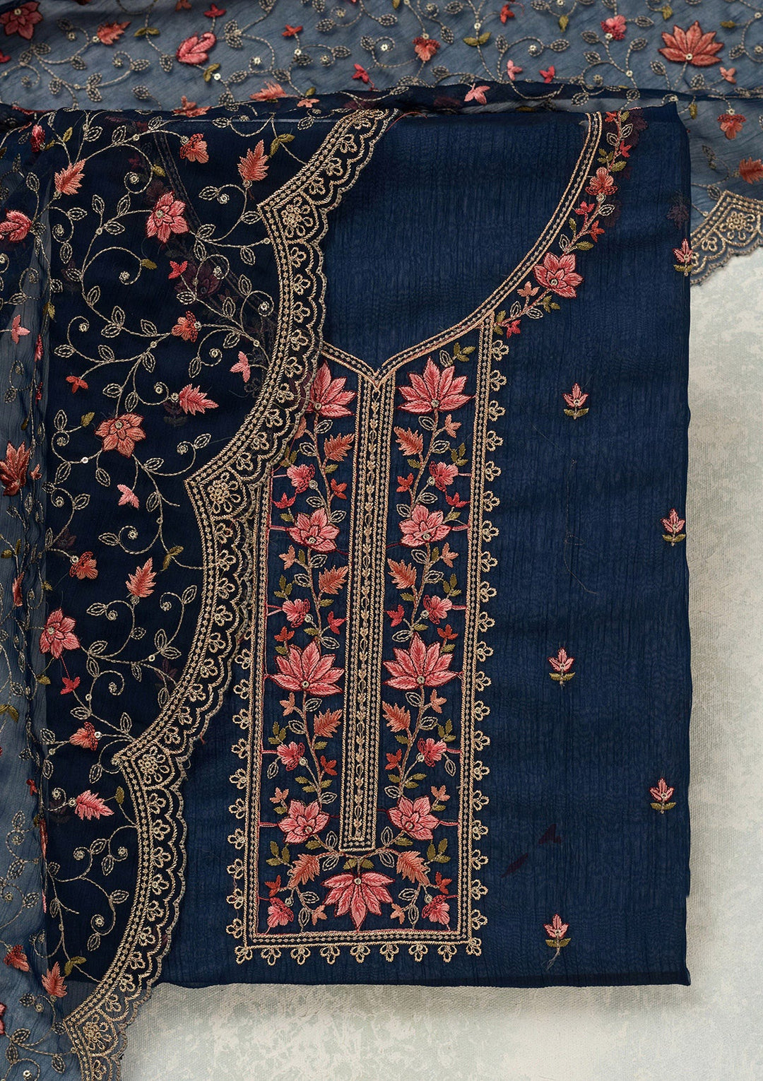Navy Blue Threadwork Tissue Unstitched Salwar Suit