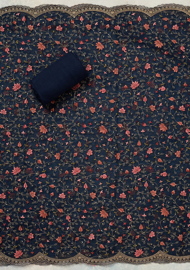 Navy Blue Threadwork Tissue Unstitched Salwar Suit