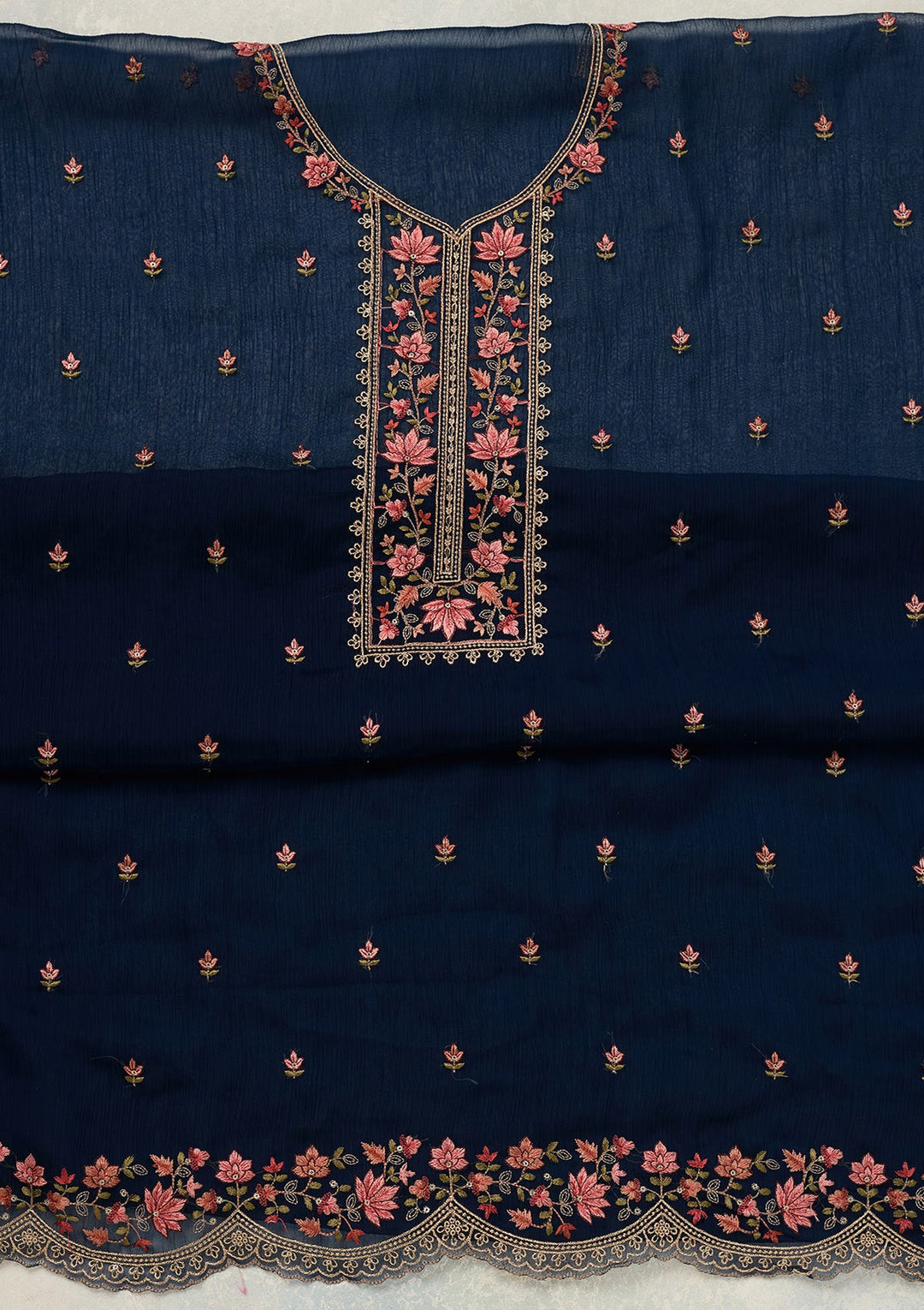 Navy Blue Threadwork Tissue Unstitched Salwar Suit