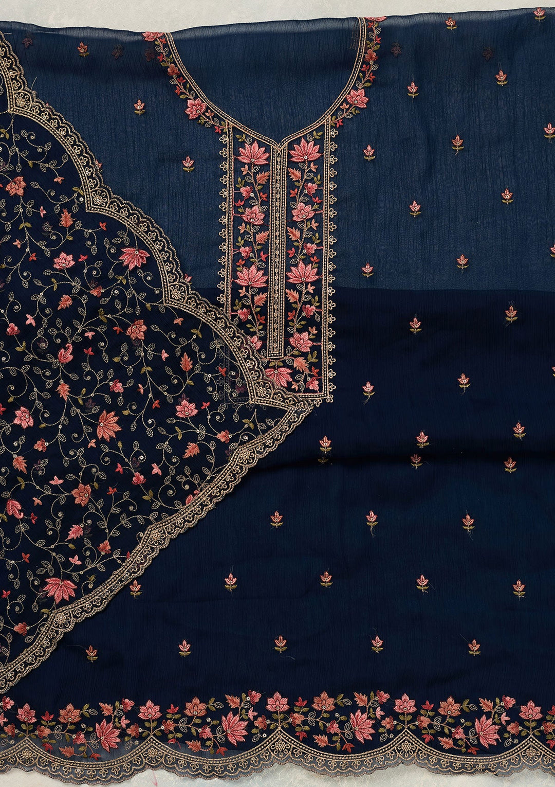 Navy Blue Threadwork Tissue Unstitched Salwar Suit