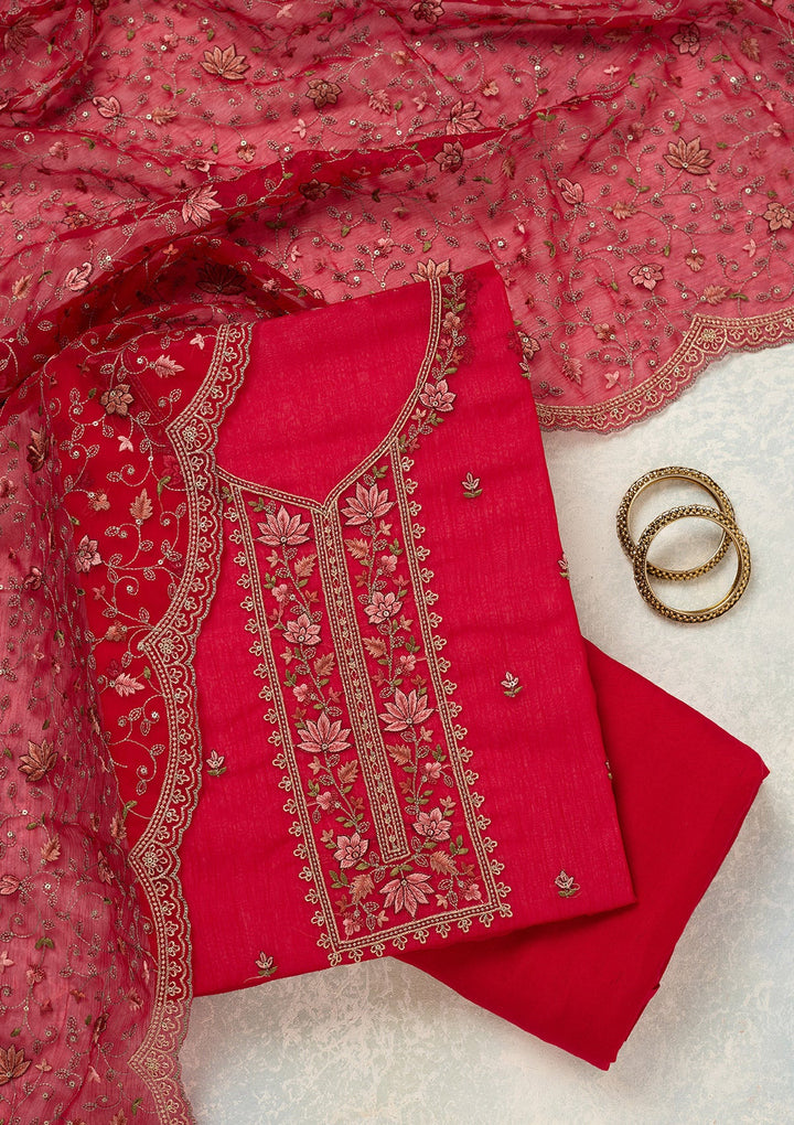 Rani Pink Threadwork Tissue Unstitched Salwar Suit-koskii